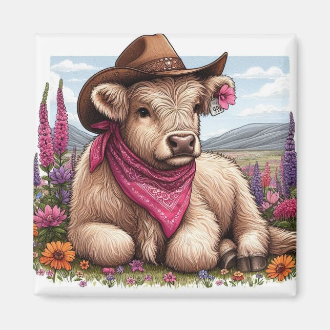  Highland Cow Wearing Hat and Bandanna  Magnet (Front)