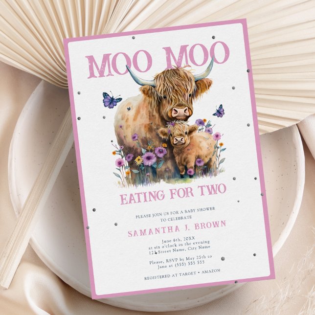 Highland Cow Whimsical Floral Pink Baby Shower Invitation (Creator Uploaded)