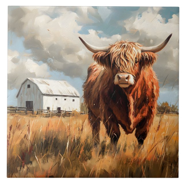 Highland Cow White Barn Rustic Ceramic Tile (Front)