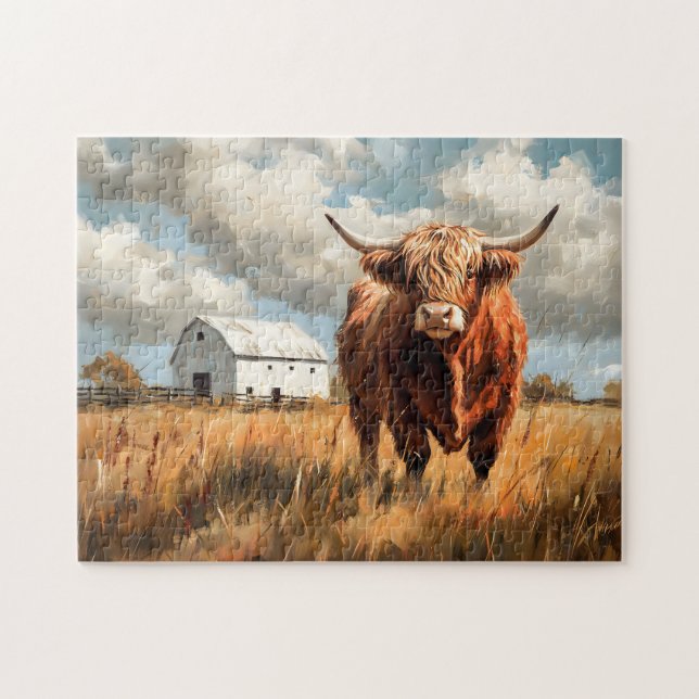 Highland Cow White Barn Rustic Jigsaw Puzzle (Horizontal)