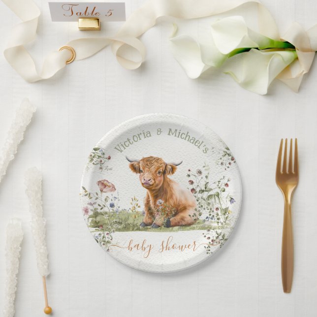Highland Cow Wildflower Baby Shower Paper Plate (Wedding)