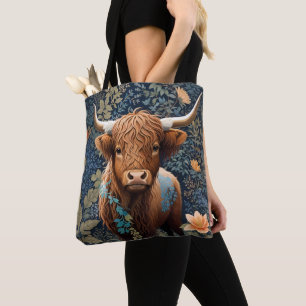Highland Cow William Morris Inspired Blue Floral Tote Bag