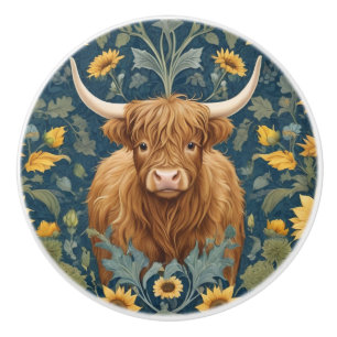 Highland Cow William Morris style Yellow Sunflower Ceramic Knob