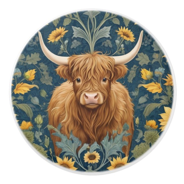 Highland Cow William Morris style Yellow Sunflower Ceramic Knob (Front)
