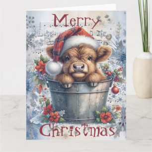Highland Cow Winter Christmas Watercolor Card