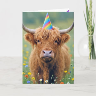 Highland Cow with Birthday Party Hat Card