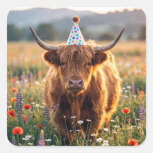 Highland Cow with Birthday Party Hat Square Sticker