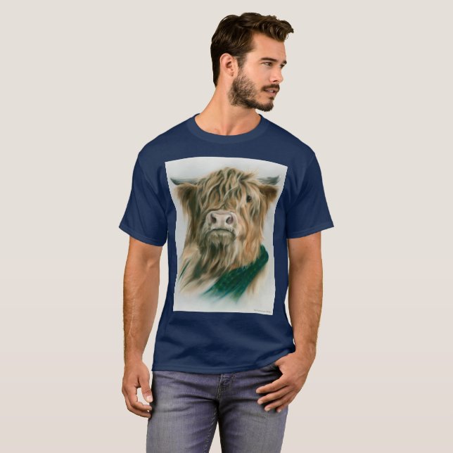 Highland Cow with Blue and Green Plaid T-Shirt (Front Full)