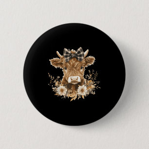 Highland cow with bow flowers cute floral cow girl 6 cm round badge