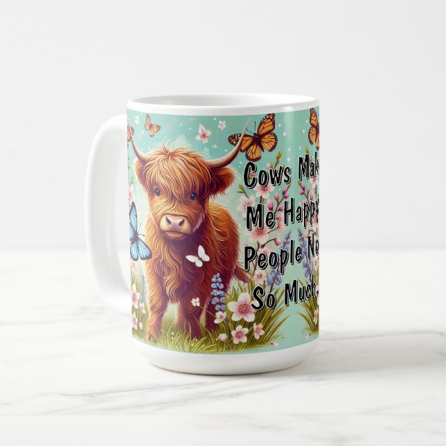 Highland Cow with Butterflies and Spring Flowers Coffee Mug (Front Left)