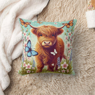 Highland Cow with Butterflies and Spring Flowers Cushion
