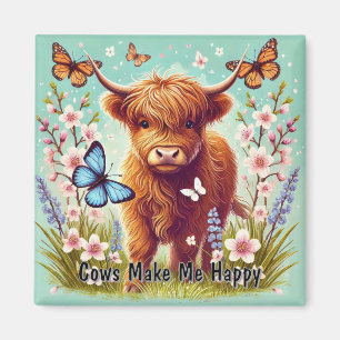 Highland Cow with Butterflies and Spring Flowers Magnet