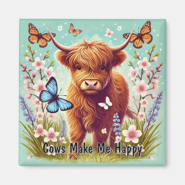 Highland Cow with Butterflies and Spring Flowers Magnet (Front)