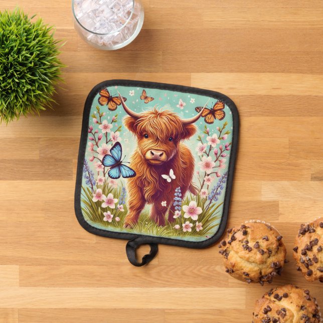 Highland Cow with Butterflies and Spring Flowers Pot Holder (Top Down)