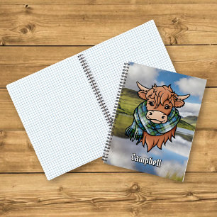 Highland Cow with Campbell Dress Tartan Scarf Notebook