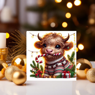 Highland Cow with Candy Cane Holiday Card