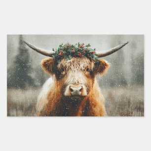 Highland Cow With Christmas Wreath Crown Rectangular Sticker