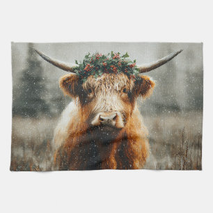 Highland Cow With Christmas Wreath Crown Tea Towel