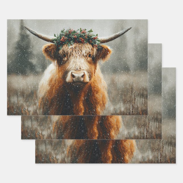 Highland Cow With Christmas Wreath Crown Wrapping Paper Sheet (Set)