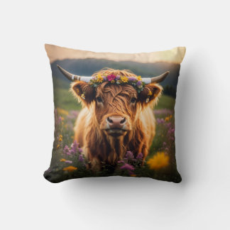 Highland Cow With Colourful Flower Crown Cushion