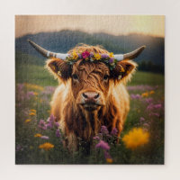 Highland Cow With Colourful Flower Crown