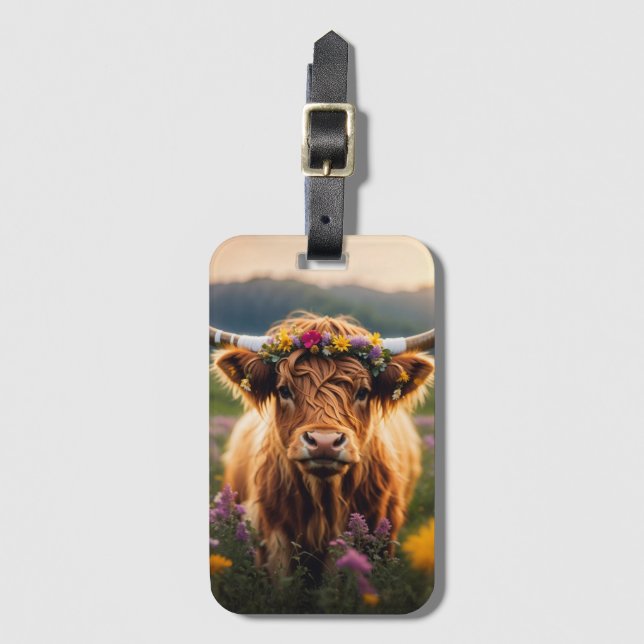 Highland Cow With Colourful Flower Crown Luggage Tag (Front Vertical)