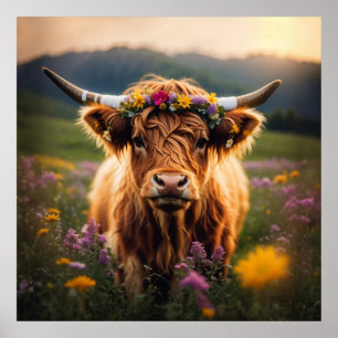 Highland Cow With Colourful Flower Crown Poster
