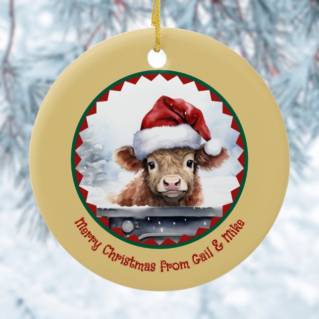 Highland Cow with Cute Santa Hat n Name Christmas Ceramic Ornament (Creator Uploaded)