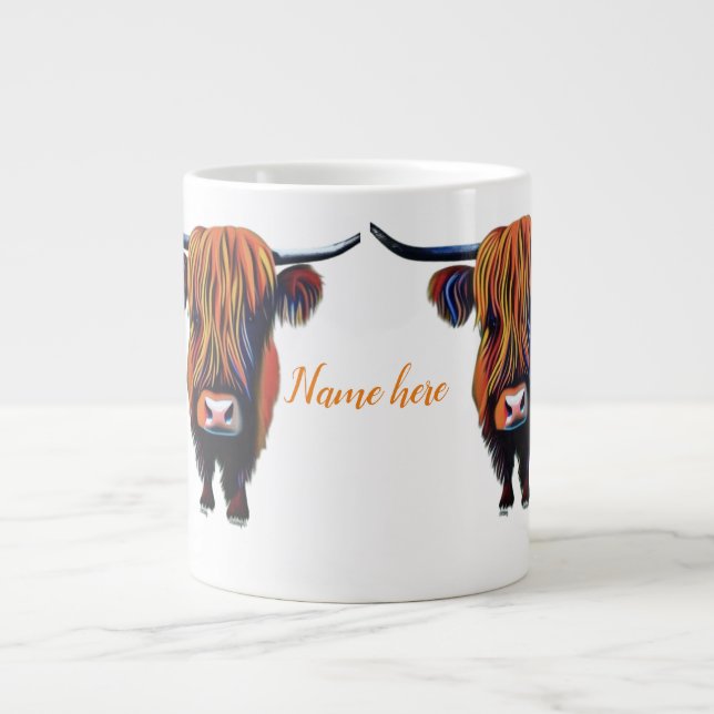 Highland cow with editable name large coffee mug (Front)