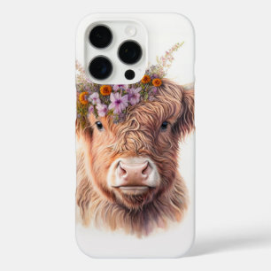 Highland Cow with Floral Crown Watercolor Illustra iPhone 16 Pro Case
