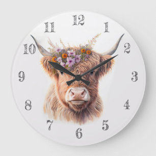 Highland Cow with Floral Crown Watercolor Illustra Large Clock