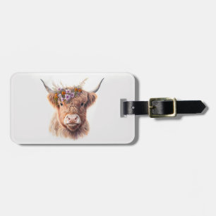 Highland Cow with Floral Crown Watercolor Illustra Luggage Tag
