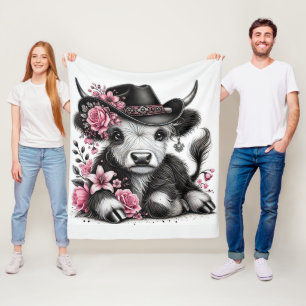 Highland Cow With Floral Hat Fleece Blanket