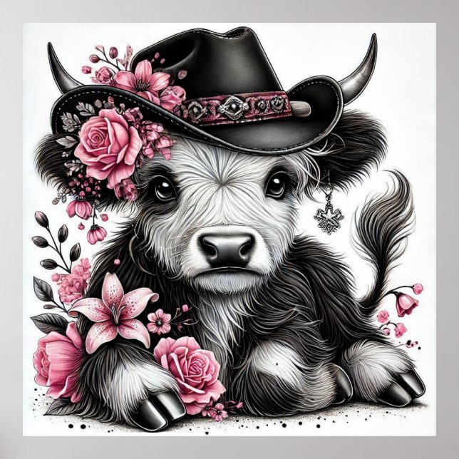 Highland Cow With Floral Hat Poster (Front)