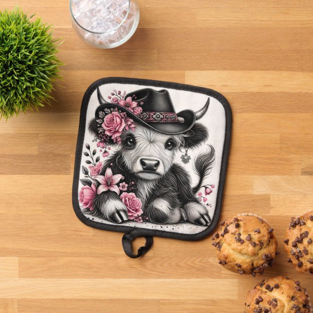 Highland Cow With Floral Hat Pot Holder (Top Down)