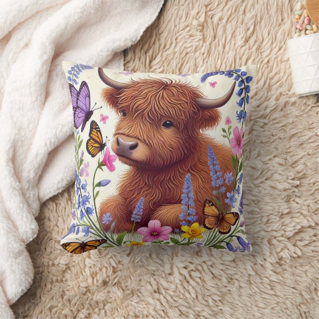 Highland Cow with Flowers and Butterflies Cushion (Blanket)