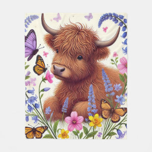 Highland Cow with Flowers and Butterflies Fleece Blanket