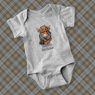 Highland Cow with Gordon Weathered Tartan Scarf Baby Bodysuit