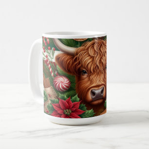 Highland Cow with Holiday Decorations and Candy Coffee Mug