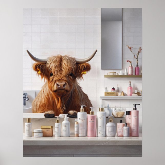  Highland Cow with Pink Beauty Products Bathroom Poster (Front)