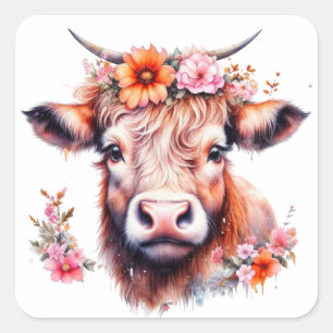 Highland Cow with Pink Flowers Square Sticker