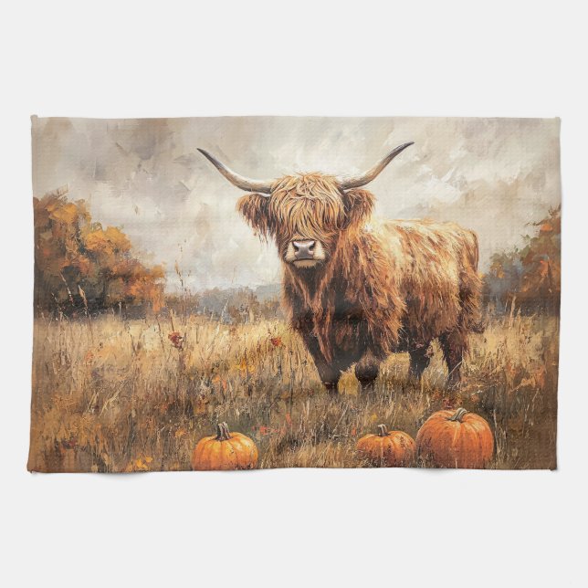 Highland Cow with Pumpkins Tea Towel (Horizontal)