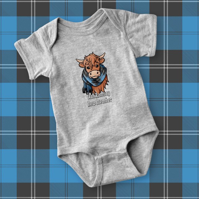 Highland Cow with Ramsay Blue Hunting Tartan Scarf Baby Bodysuit (Creator Uploaded)