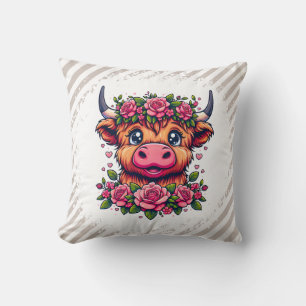 Highland Cow with Rose Crown Cushion