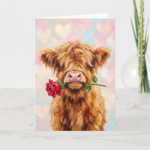 Highland Cow with Rose - Cute Valentine Animal Holiday Card