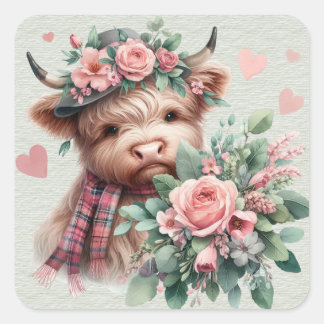 Highland Cow With Roses Headress Bouquet Valentine Square Sticker