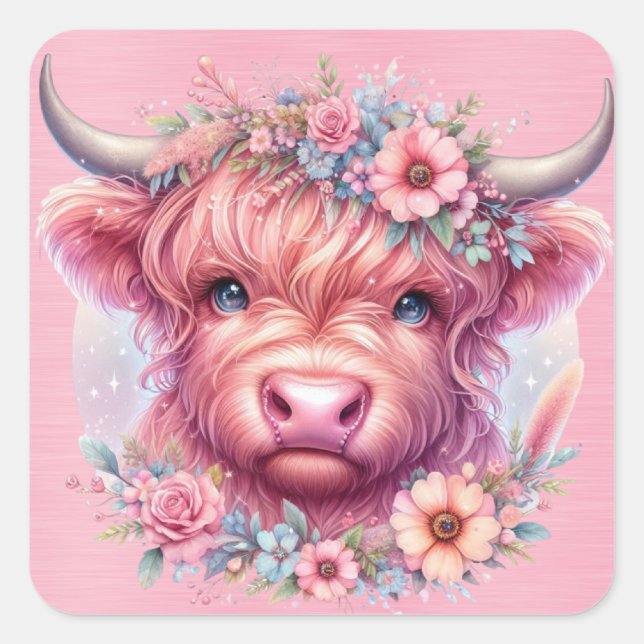 Highland Cow With Roses Headress  Square Sticker (Front)