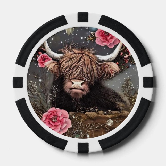 Highland Cow with Roses Poker Chips (Front)