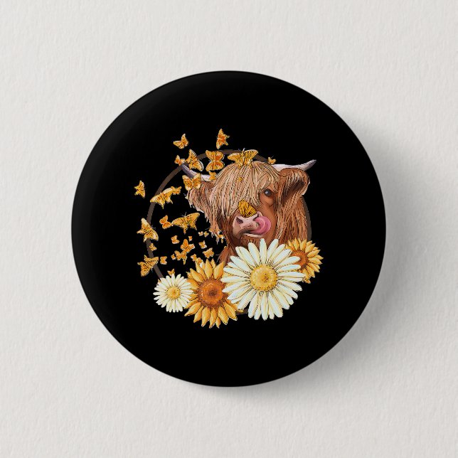 Highland Cow With Sunflower Daisies Butterflies 6 Cm Round Badge (Front)