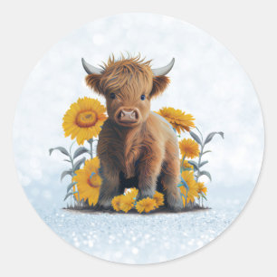 Highland Cow with Sunflowers  Classic Round Sticker